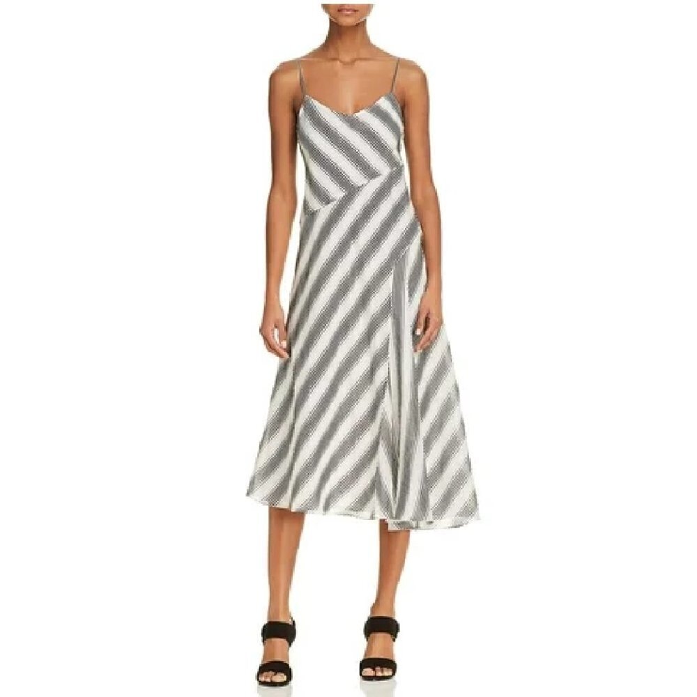 Theory Spaghetti Strap Athens Striped Bias Cut A-Line Midi Dress Size 4